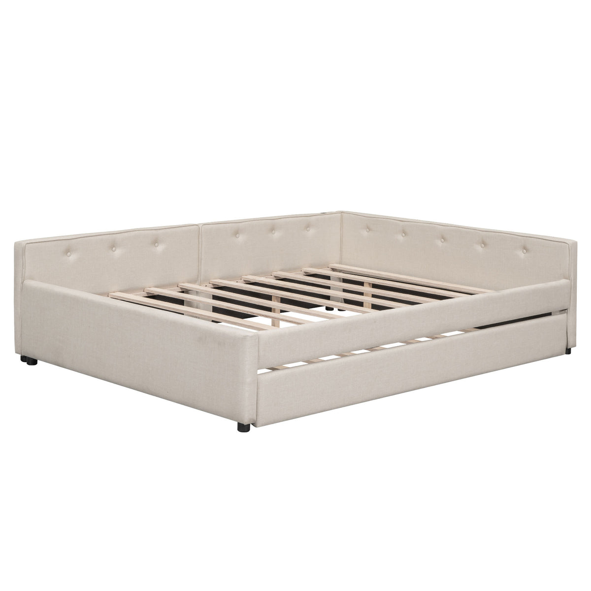 Beige linen upholstered queen platform bed with twin trundle and pine wood frame from Anthony & Home collection.