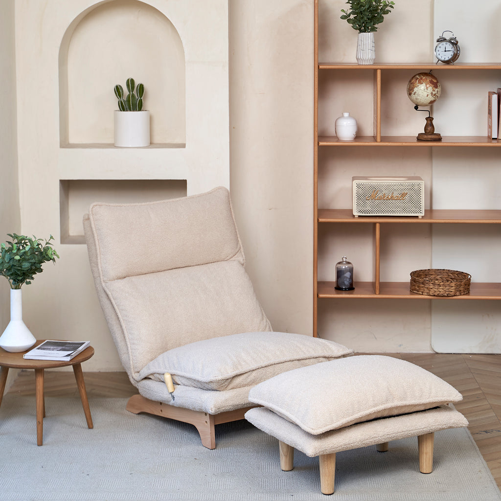 Beige Anthony & Home Studio foldable metal frame recliner with padded seat and backrest, designed for comfort and easy portability.