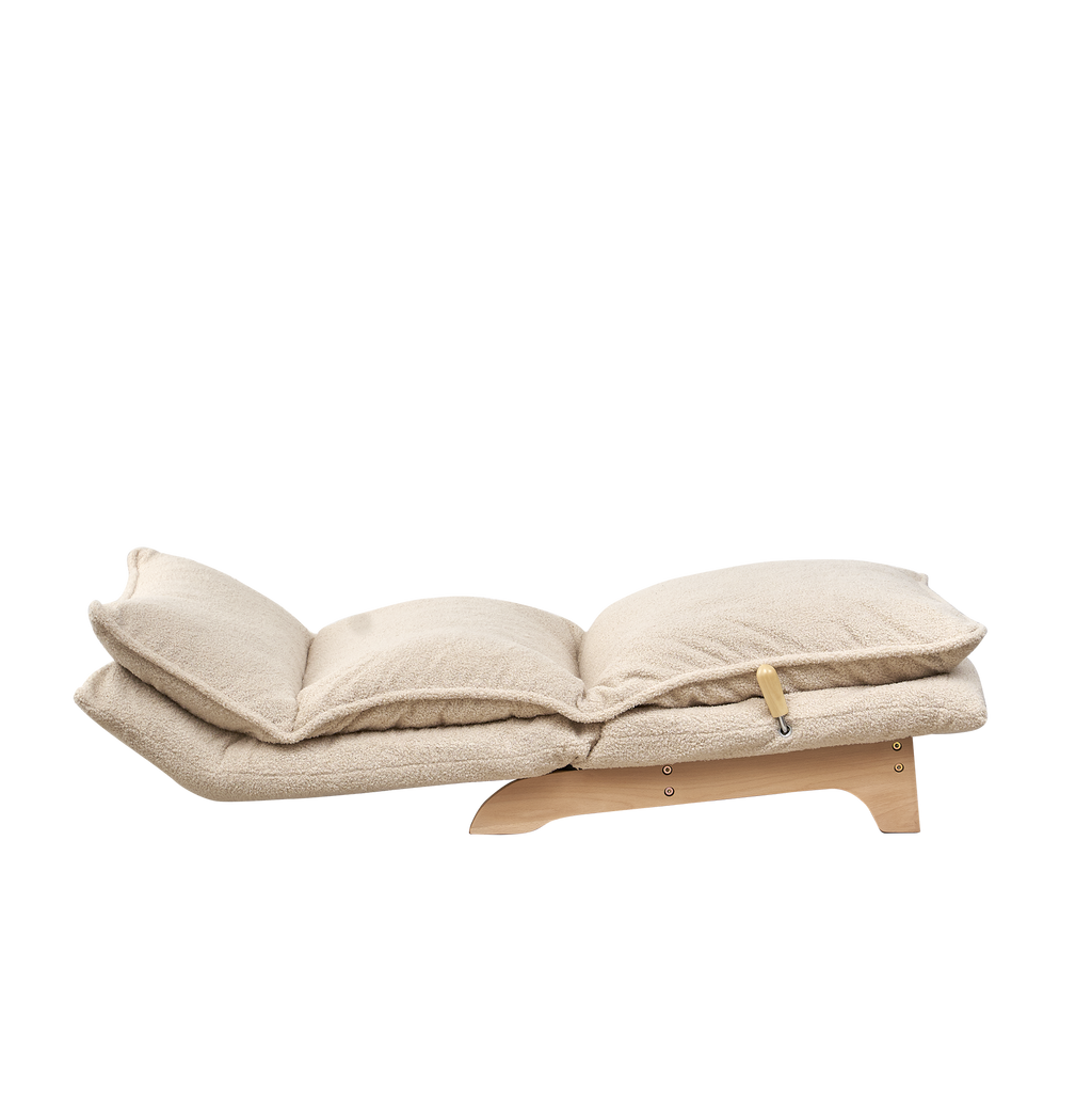 Beige Anthony & Home Studio foldable metal frame recliner with cushioned seat and armrests, shown in a relaxed reclining position.