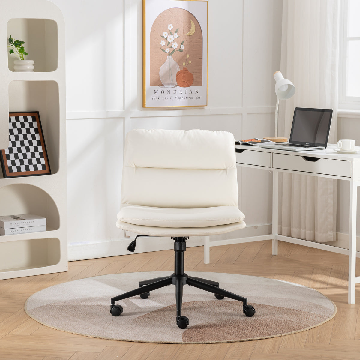 Anthony & Home Bizerte Atelier white swivel criss cross office and vanity chair with adjustable height and modern design.