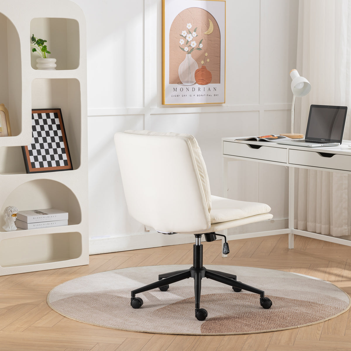 White Bizerte Atelier adjustable swivel chair with criss-cross design, suitable for office or vanity use, by Anthony & Home.