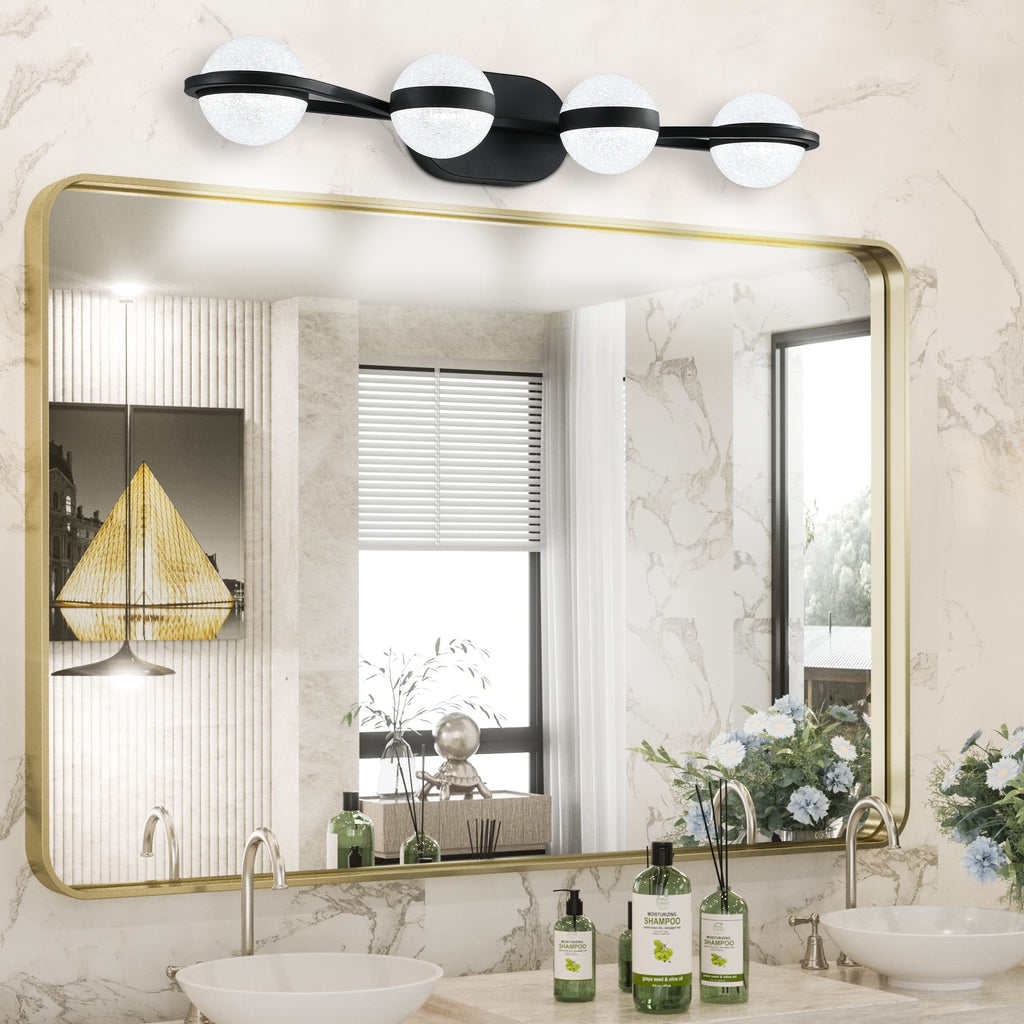 Black 4-light vanity fixture by Anthony & Home with crystal sand acrylic shades, ideal for bathroom or vanity lighting.
