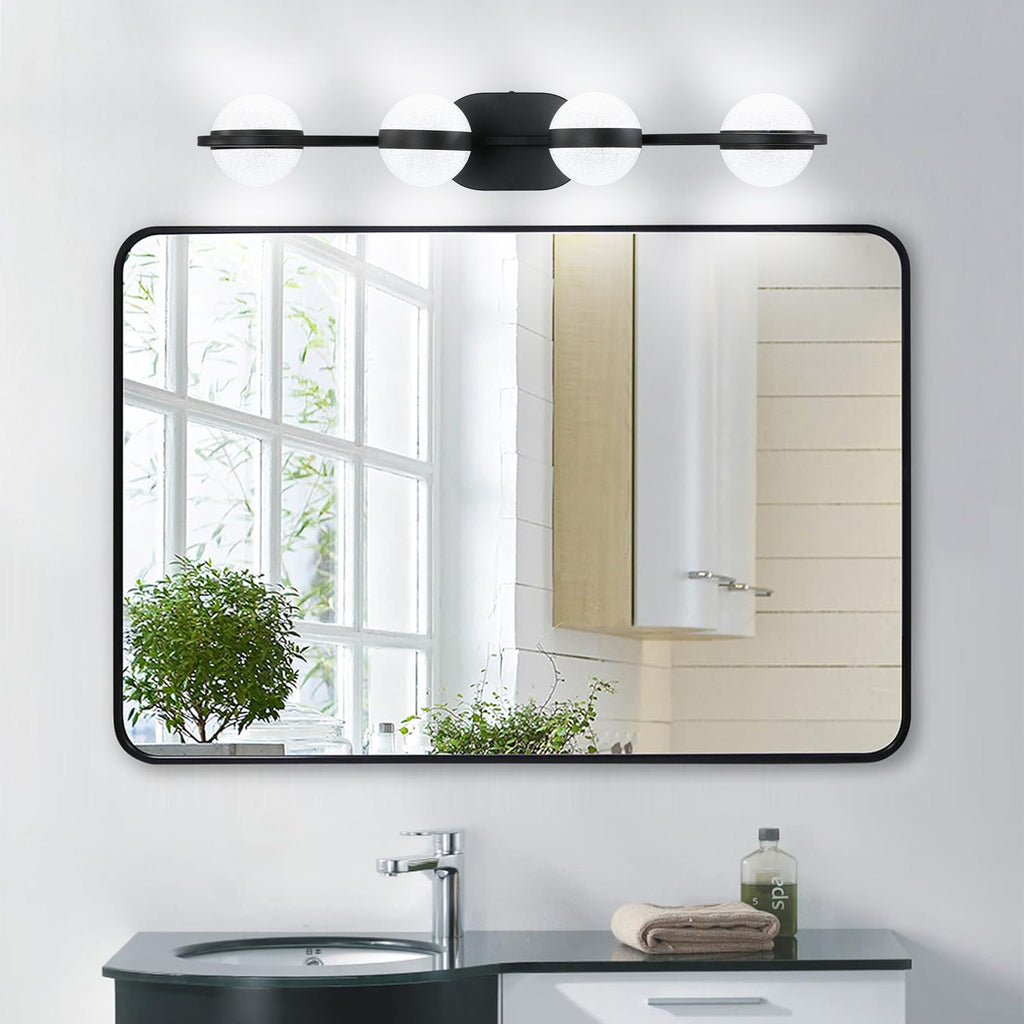 Black 4-light vanity fixture by Anthony & Home with crystal sand acrylic shades and modern design.
