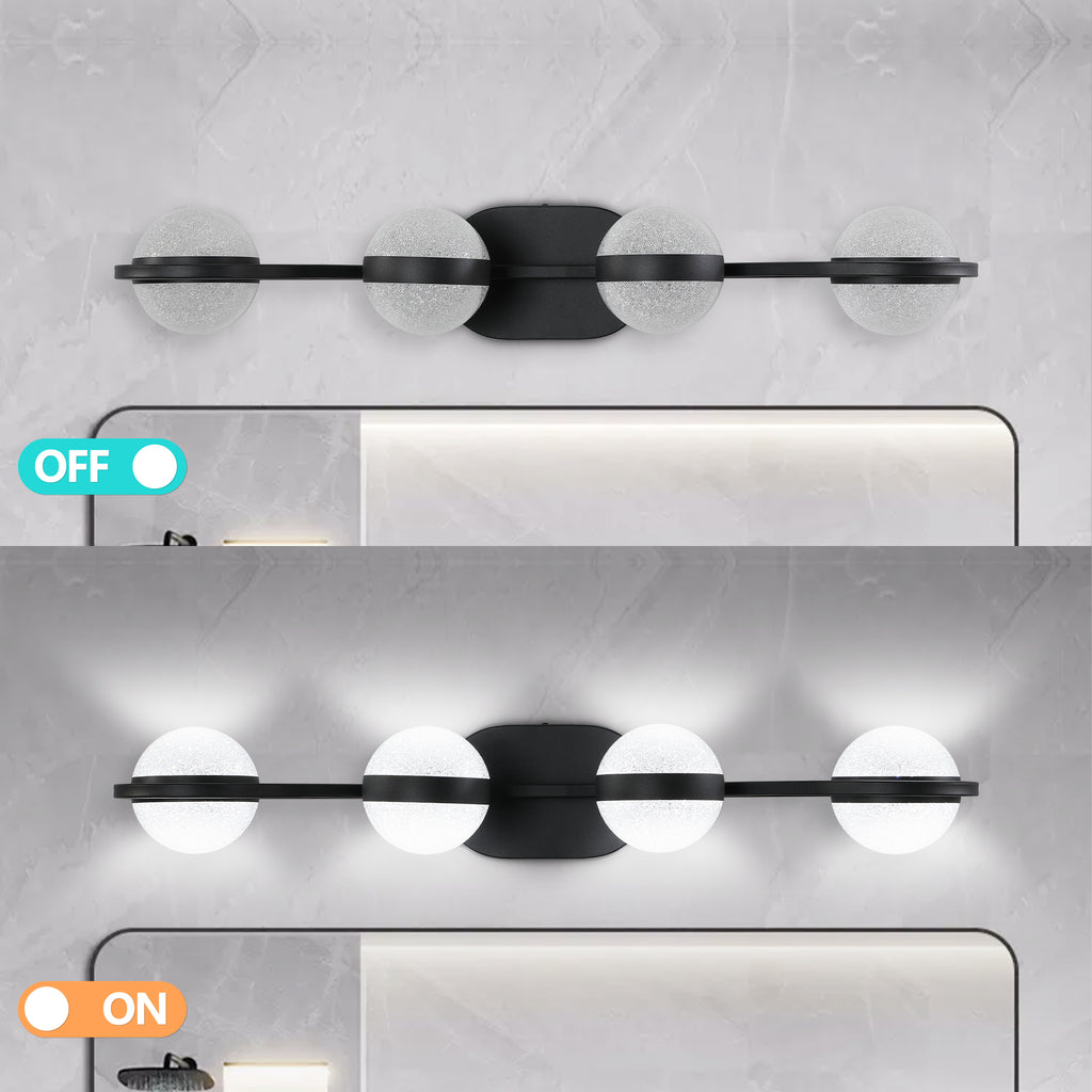 Black 4-light vanity fixture by Anthony & Home with crystal sand acrylic shades, designed for elegant bathroom lighting.