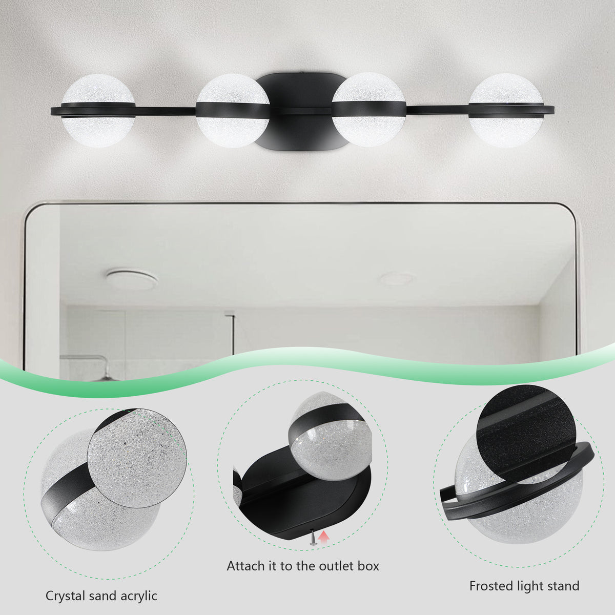 Black 4-light vanity fixture by Anthony & Home with crystal sand acrylic shades, designed for bathroom or vanity lighting.