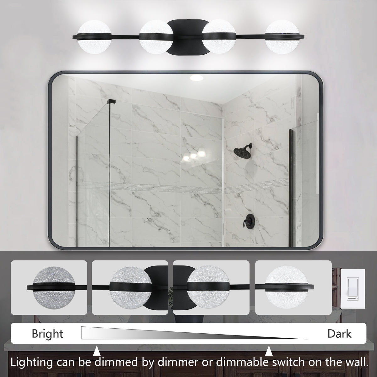 Black 4-light vanity fixture by Anthony & Home with crystal sand acrylic shades for elegant bathroom lighting.