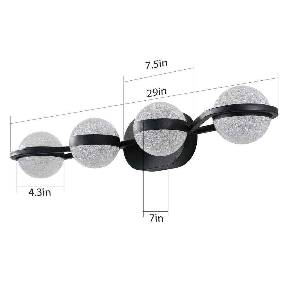 Black 4-light vanity fixture by Anthony & Home with crystal sand acrylic shades, designed for modern bathroom lighting.