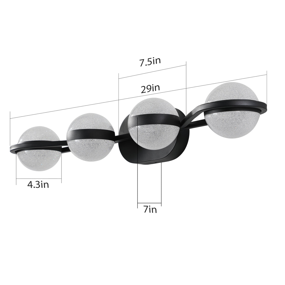 Black 4-light vanity fixture by Anthony & Home with crystal sand acrylic shades, designed for modern bathroom lighting.