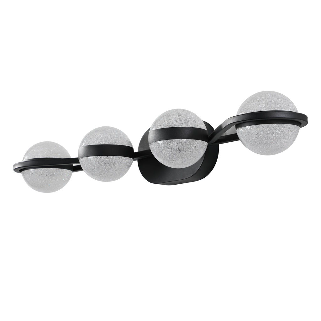 Black 4-light vanity fixture by Anthony & Home with crystal sand acrylic shades, mounted on a bathroom wall.