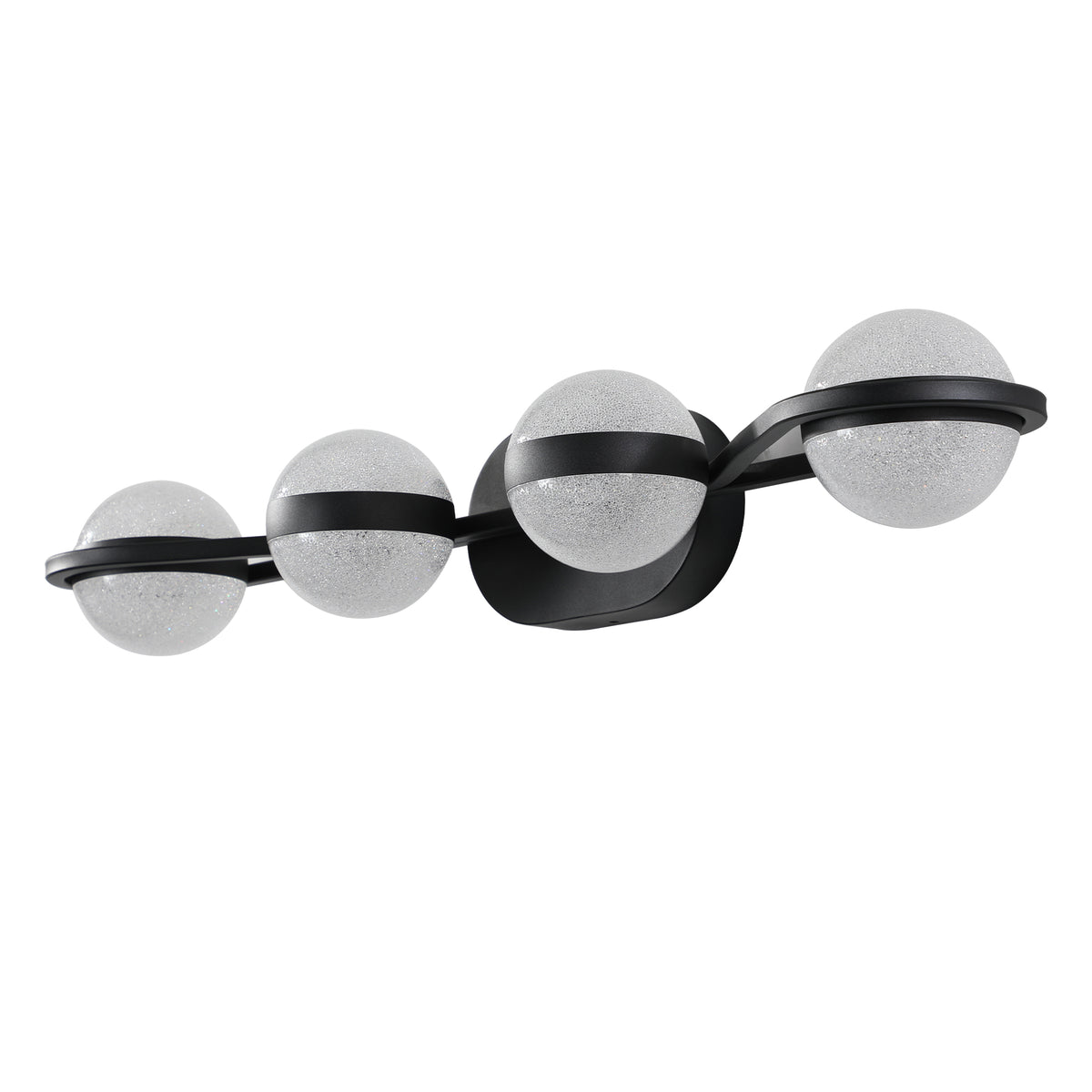 Black 4-light vanity fixture by Anthony & Home with crystal sand acrylic shades, mounted on a bathroom wall.