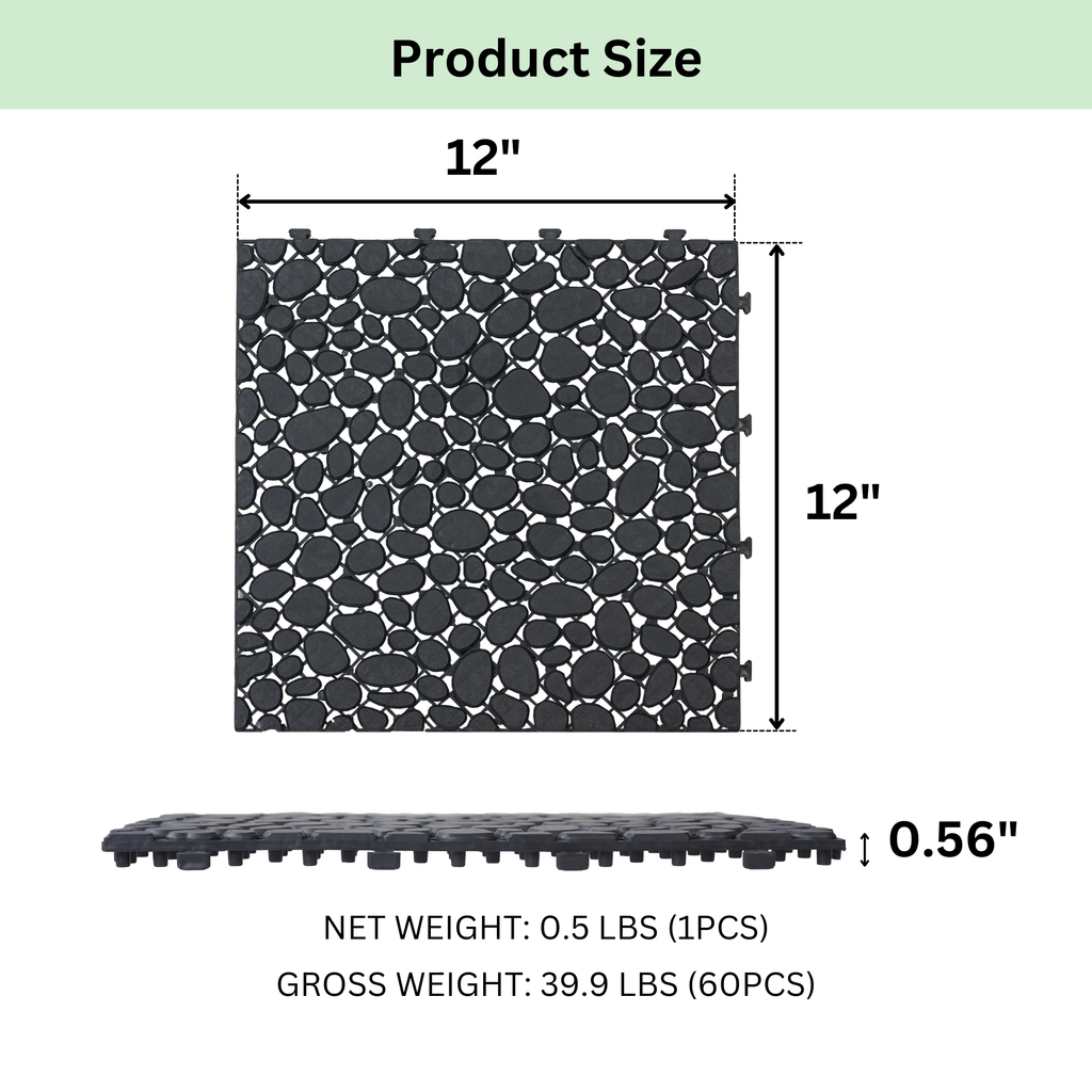 Black interlocking deck tiles from Anthony & Home, 12x12 inch all-weather anti-slip polymer for outdoor and indoor use.