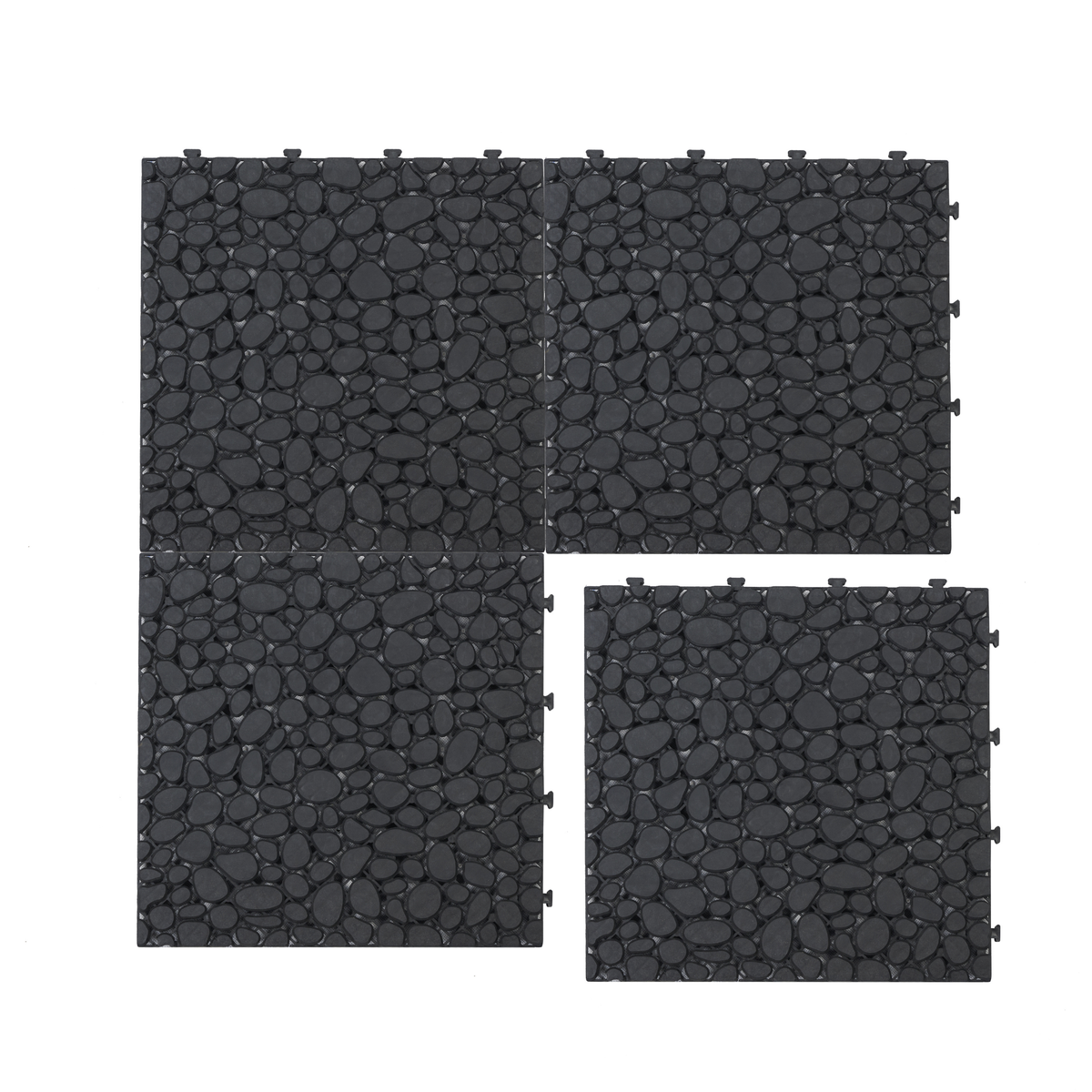 Black interlocking deck tiles from Anthony & Home, 12x12 inch all-weather anti-slip polymer outdoor and indoor flooring.
