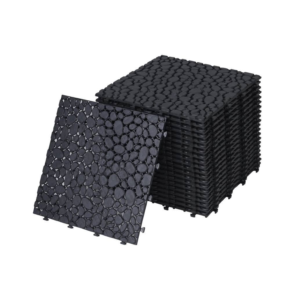 Black interlocking deck tiles from Anthony & Home, all-weather anti-slip polymer, 12x12 inch for outdoor and indoor use