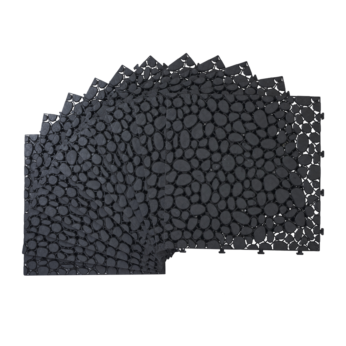 Black interlocking deck tiles from Anthony & Home, all-weather anti-slip polymer, 12x12 inch outdoor and indoor use.
