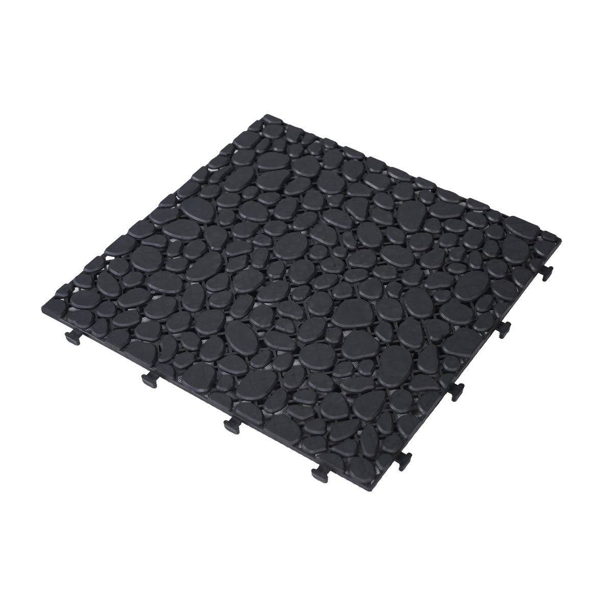 Black interlocking deck tiles from Anthony & Home, all-weather anti-slip polymer, 12x12 inch indoor and outdoor flooring.