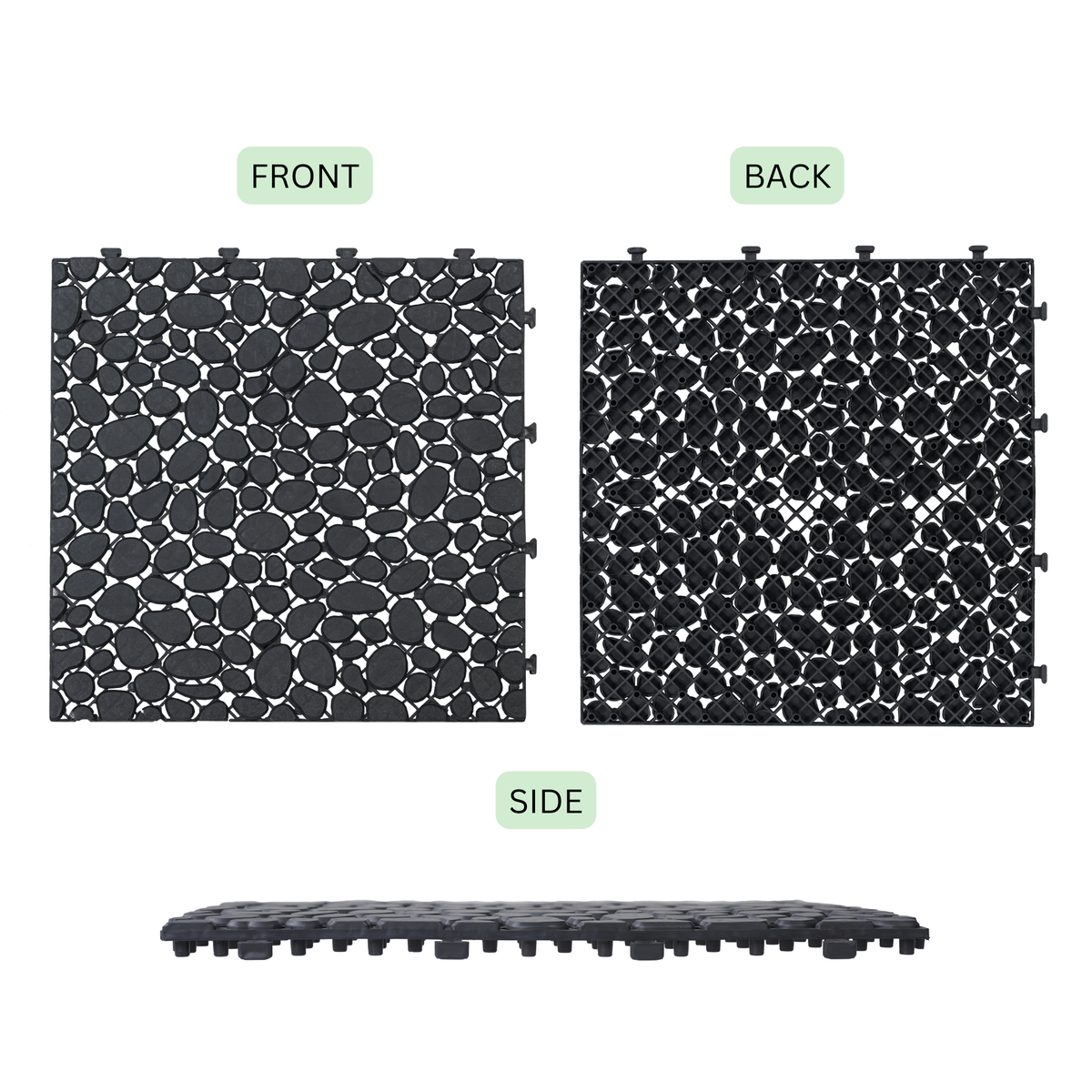 Black interlocking deck tiles by Anthony & Home, all-weather anti-slip polymer, 12x12 inch outdoor and indoor use, arranged in a patio setting.