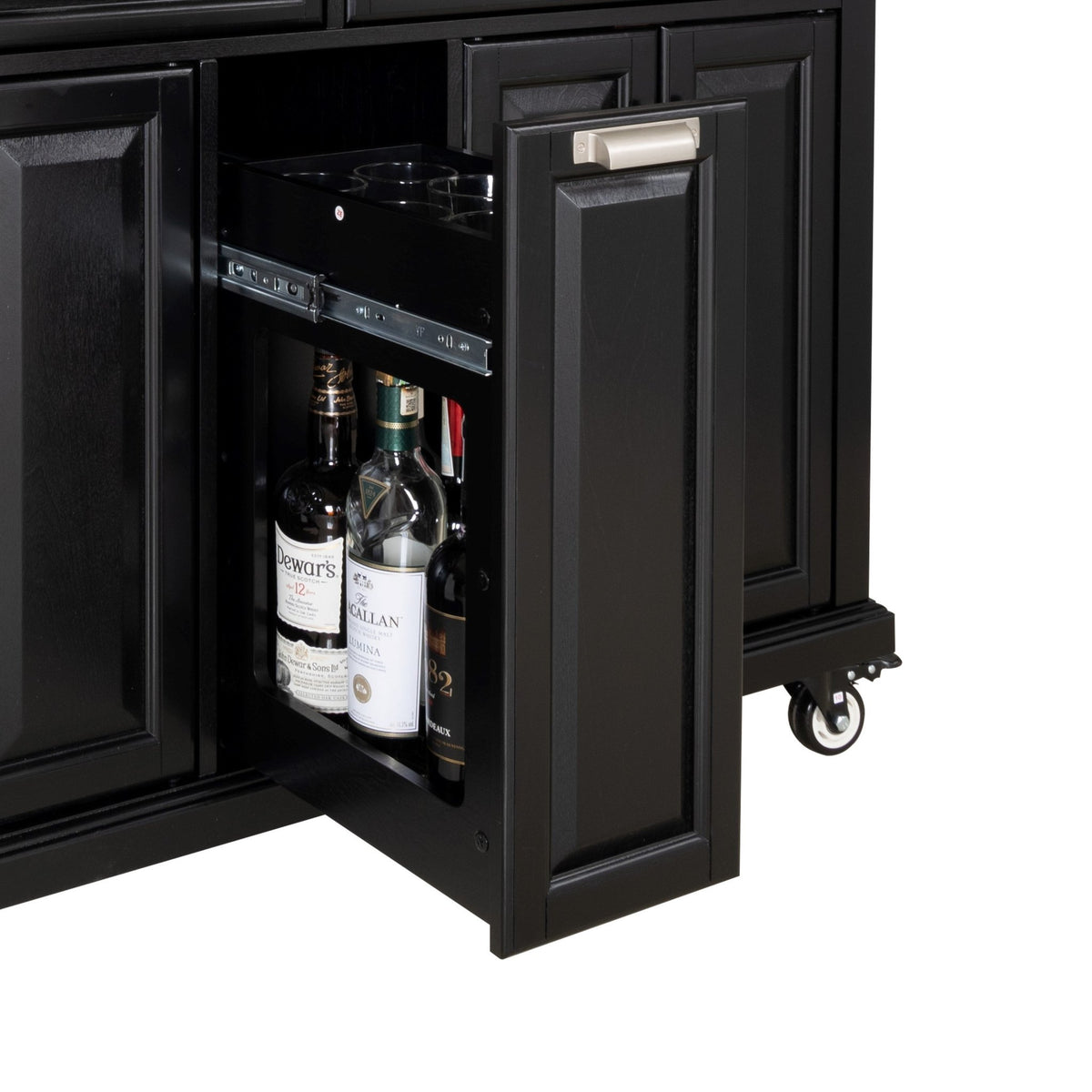 Black rubberwood kitchen island from Anthony & Home featuring a spacious surface and storage drawers in a contemporary design.