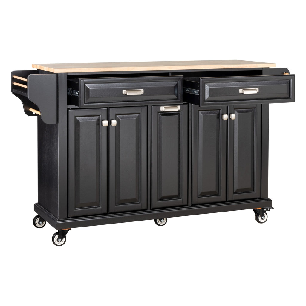 Black rubberwood Anthony & Home kitchen island with spacious surface and storage cabinets for modern kitchen use.