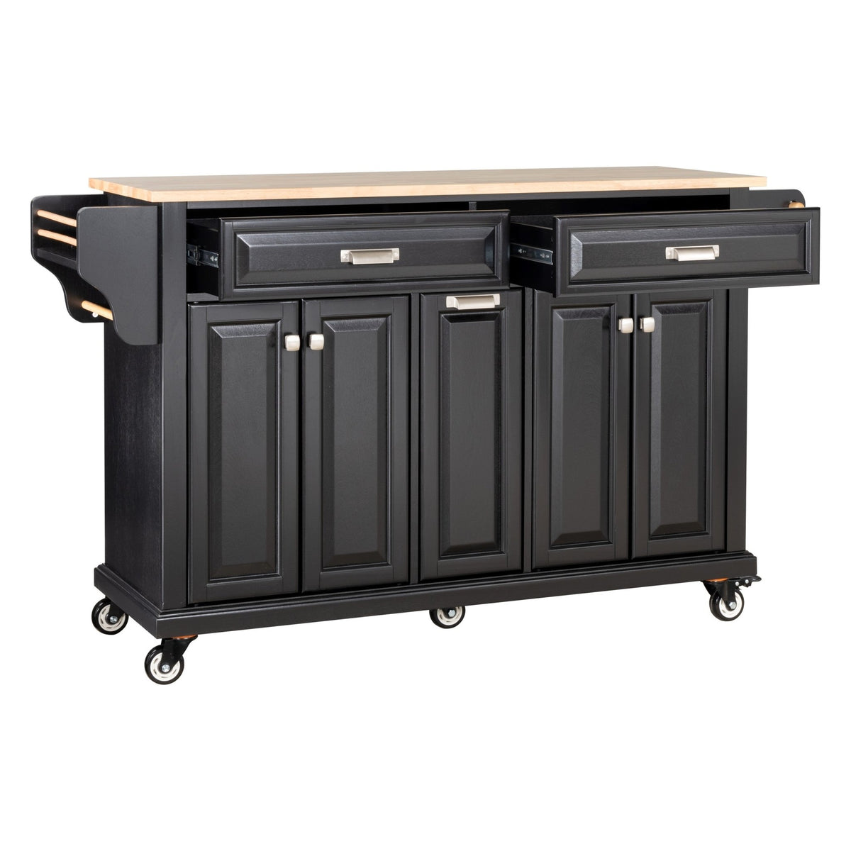 Black rubberwood Anthony & Home kitchen island with spacious surface and storage cabinets for modern kitchen use.