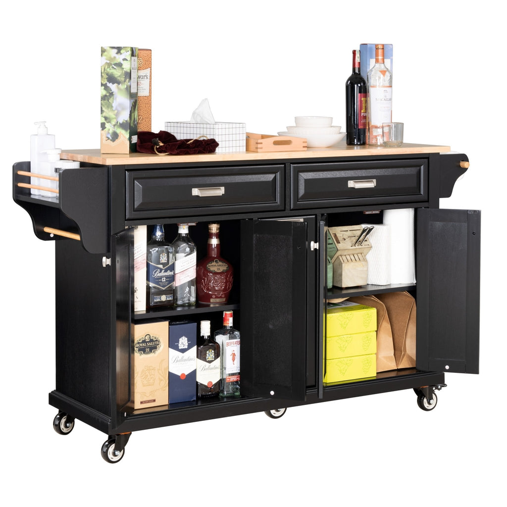 Black rubberwood kitchen island with spacious countertop and storage shelves from Anthony & Home's Atelier collection.
