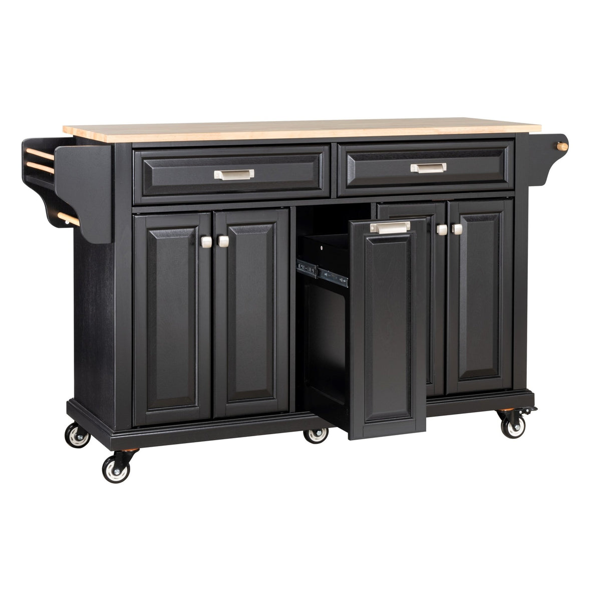 Black rubberwood kitchen island from Anthony & Home featuring a spacious surface and storage drawers.