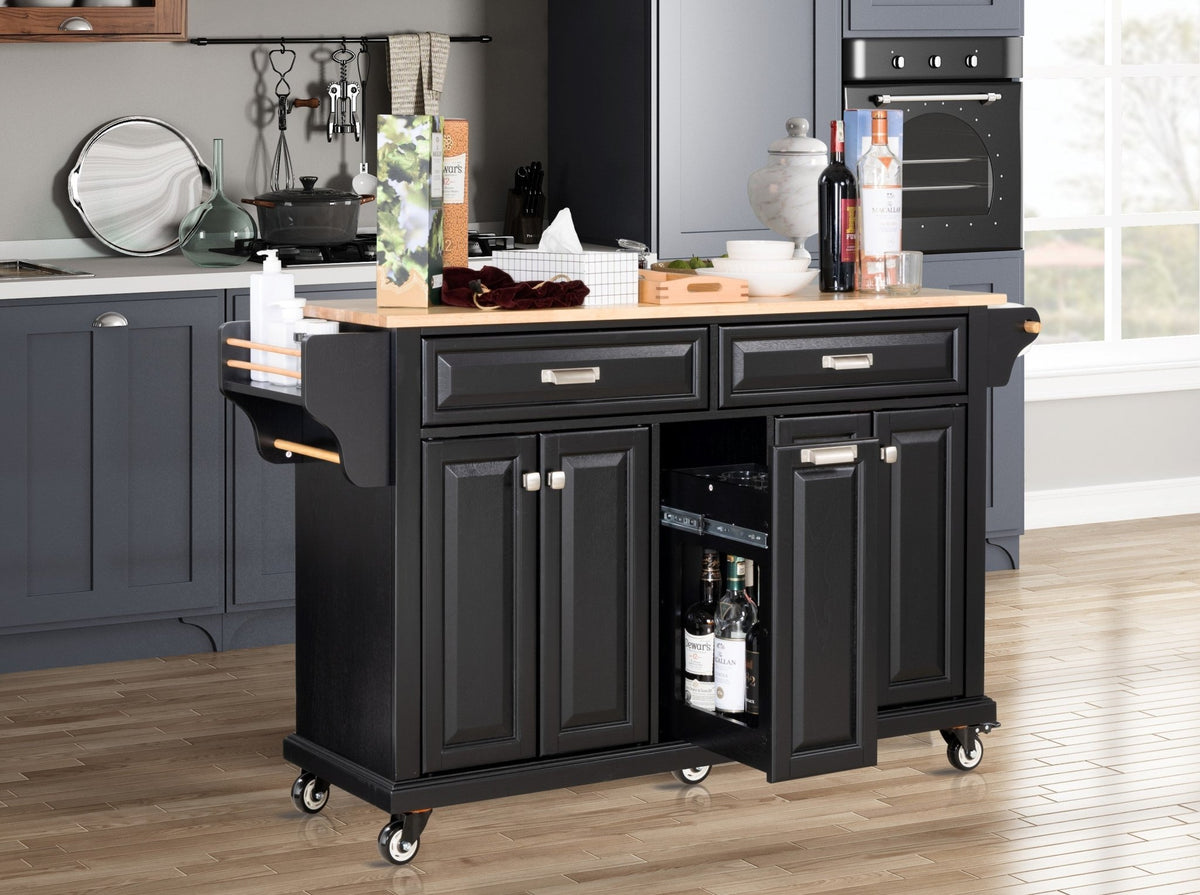 Black rubberwood kitchen island by Anthony & Home featuring a spacious surface and storage drawers in a modern design.