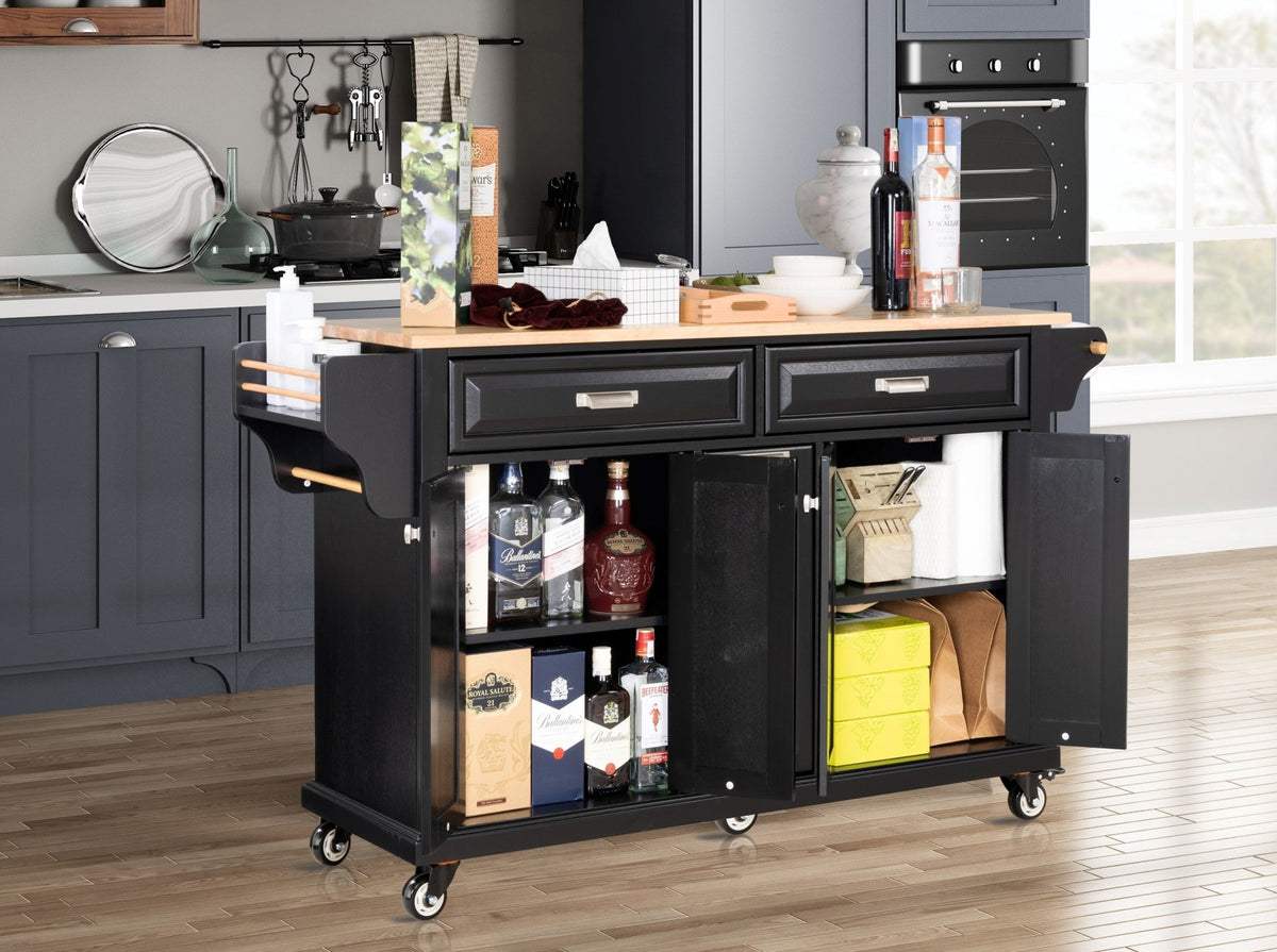 Black rubberwood kitchen island with spacious countertop and storage drawers by Anthony & Home, ideal for modern kitchen spaces.