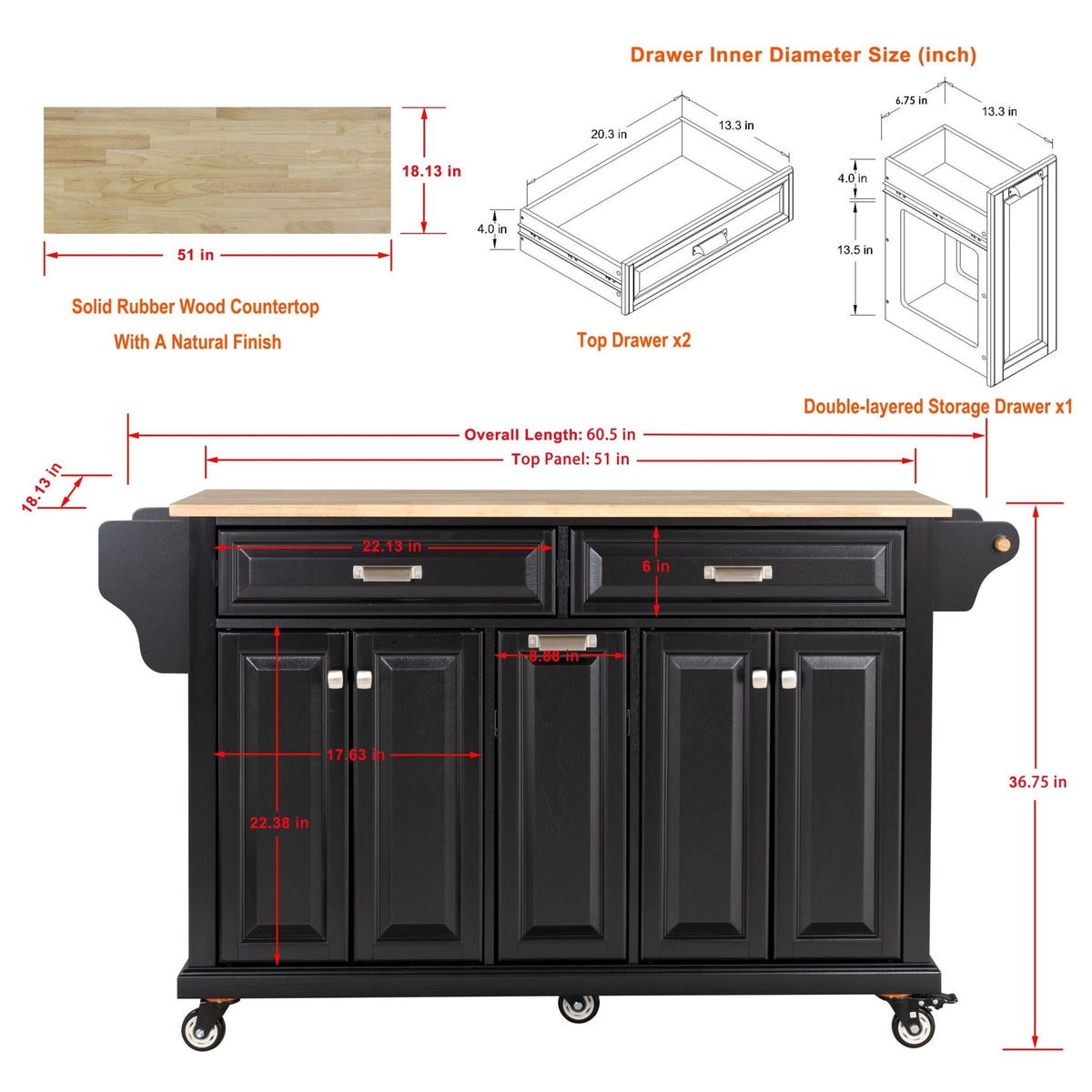 Black rubberwood kitchen island with storage and prep space from Anthony & Home's Atelier collection.