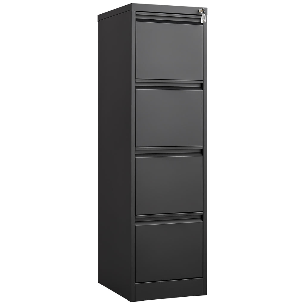 Black steel Elite 4-drawer vertical file cabinet with lock by Anthony & Home, showing sturdy drawers and secure locking mechanism.