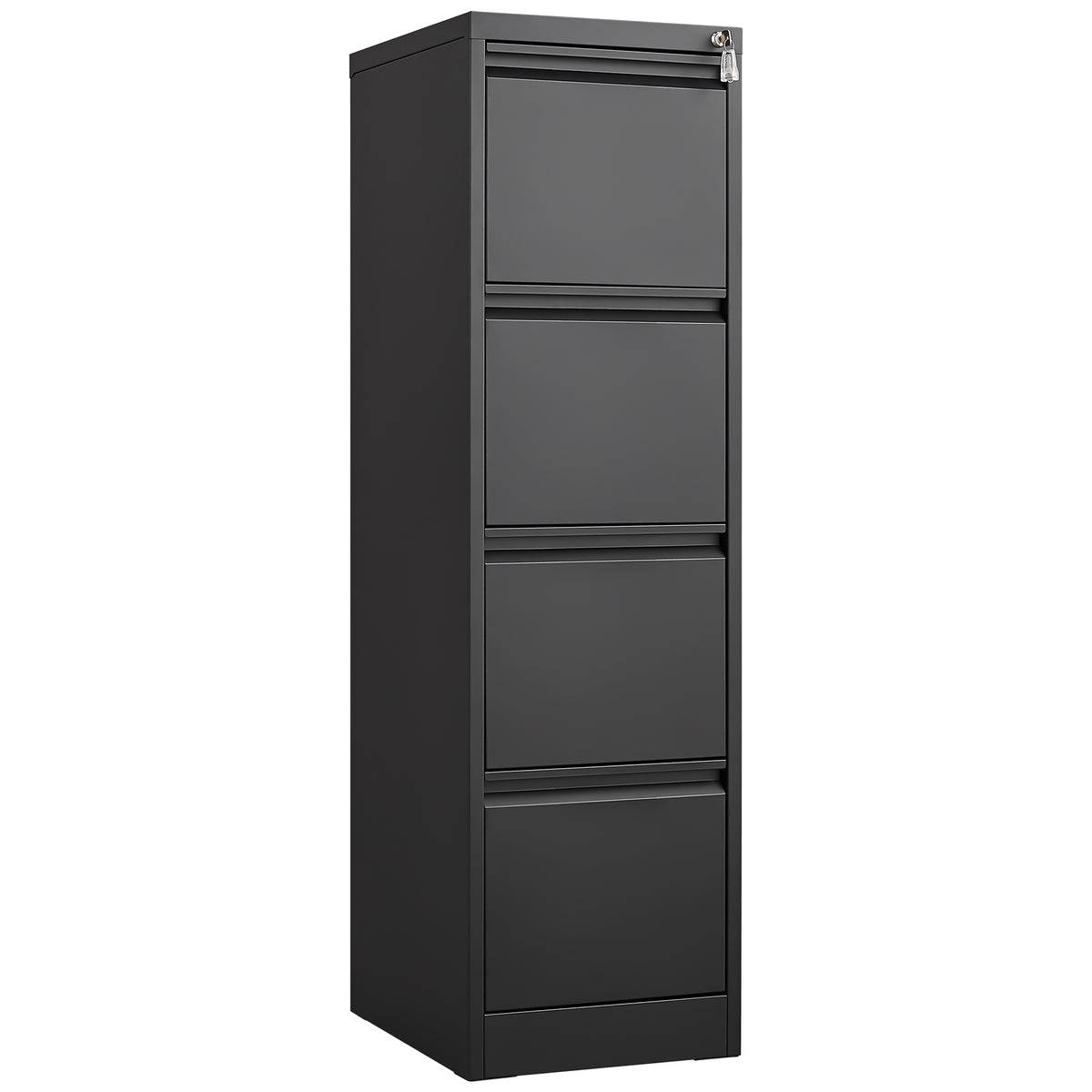Black steel Elite 4-drawer vertical file cabinet with lock by Anthony & Home, showing sturdy drawers and secure locking mechanism.