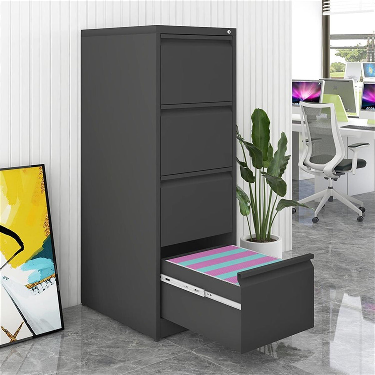Black Steel Elite 4-Drawer Vertical File Cabinet with lock from Anthony & Home, featuring sturdy metal construction and secure storage.