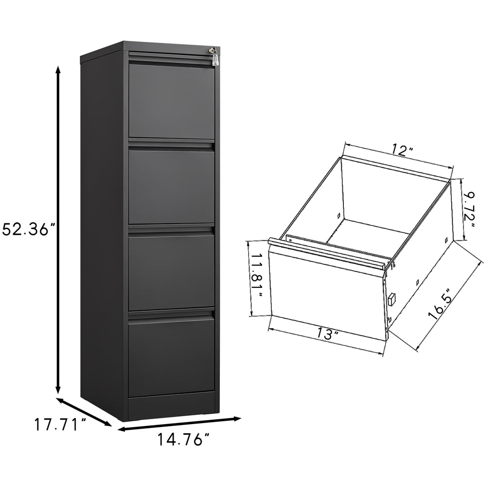 Black Steel Elite 4-Drawer Vertical File Cabinet with lock by Anthony & Home shown in image.