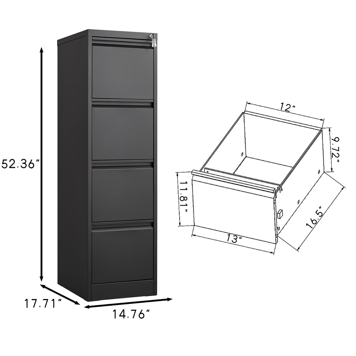 Black Steel Elite 4-Drawer Vertical File Cabinet with lock by Anthony & Home shown in image.