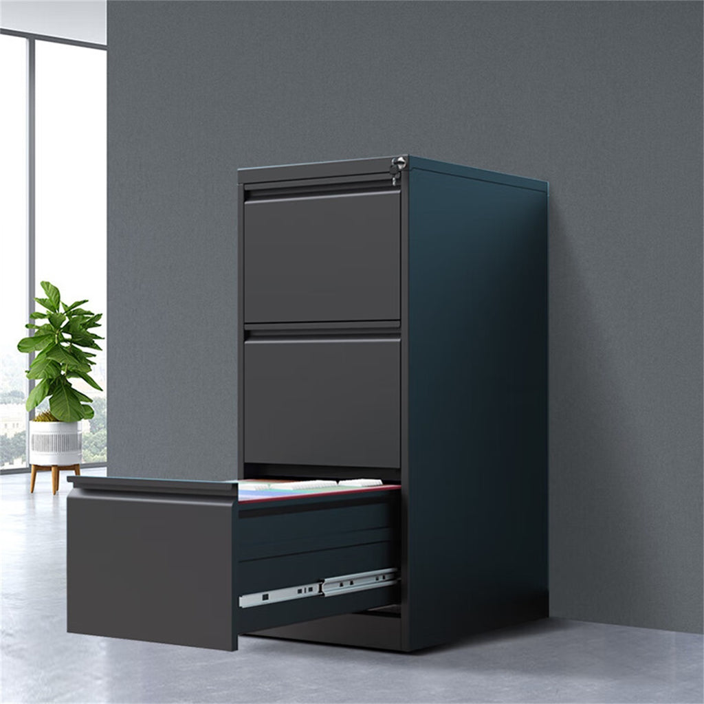 Black Steel Elite 4-Drawer Vertical File Cabinet with Lock from Anthony & Home, showing sturdy metal construction and secure lock.
