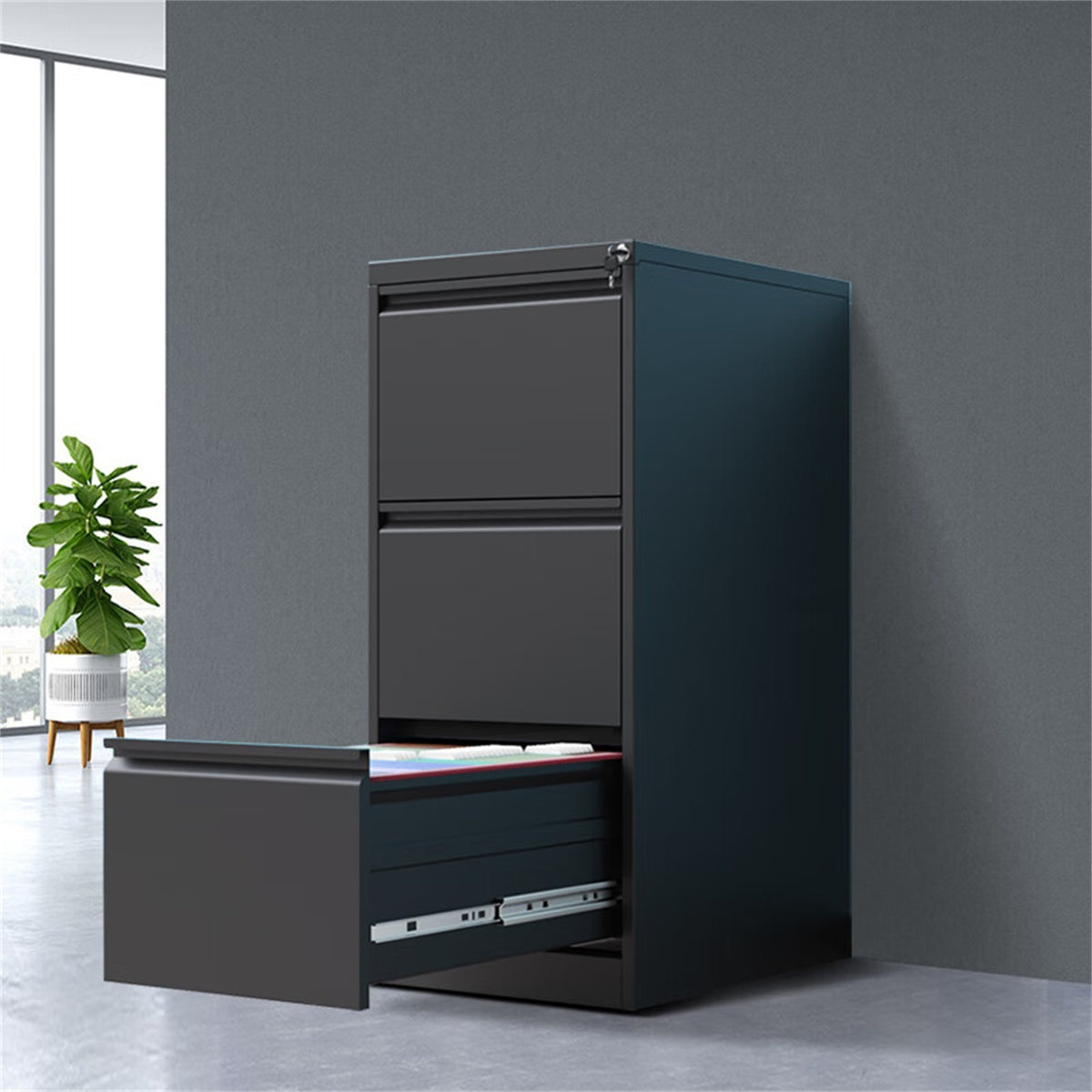 Black Steel Elite 4-Drawer Vertical File Cabinet with Lock from Anthony & Home, showing sturdy metal construction and secure lock.