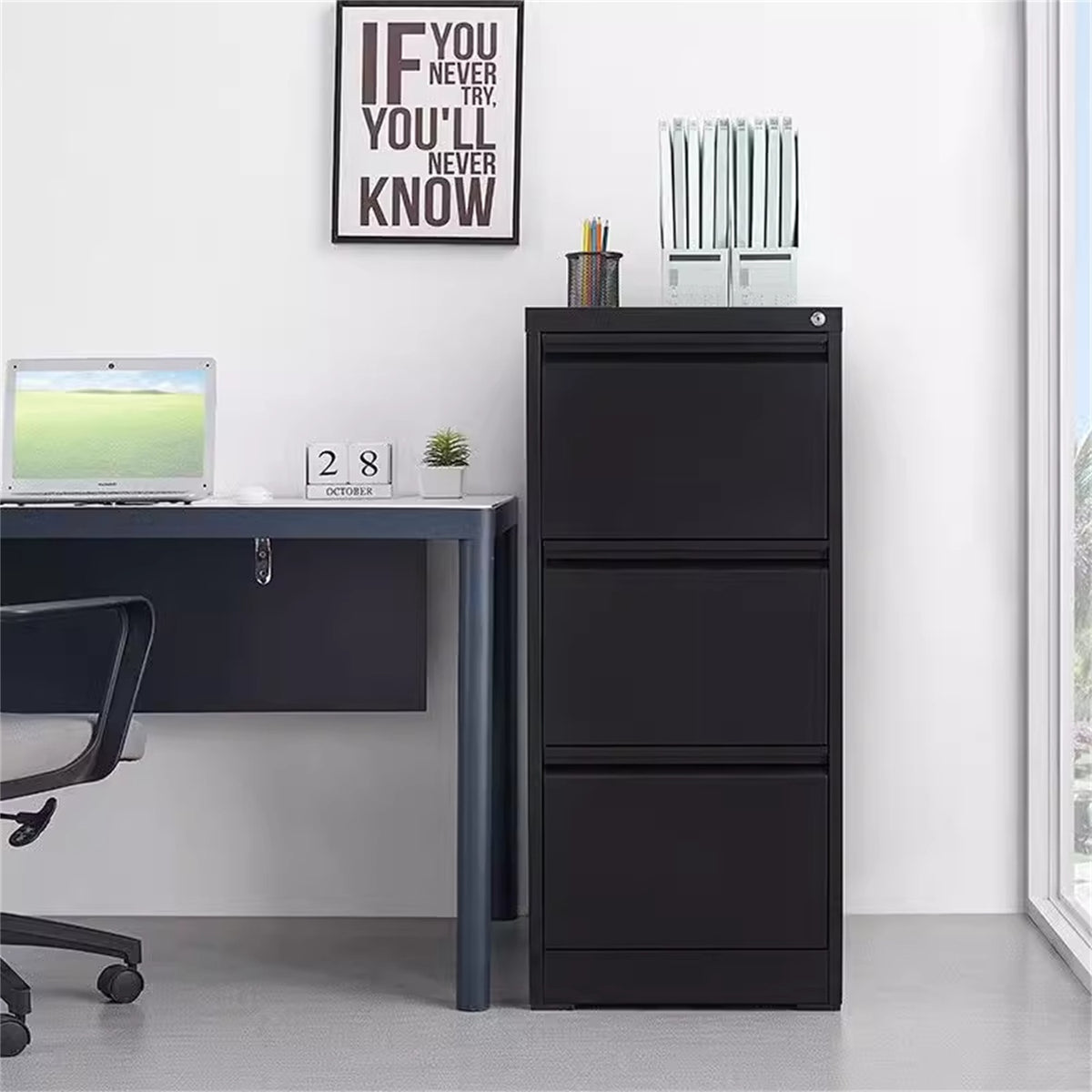 Black steel Elite 4-drawer vertical file cabinet with lock by Anthony & Home, showing sturdy drawers and secure lock system.