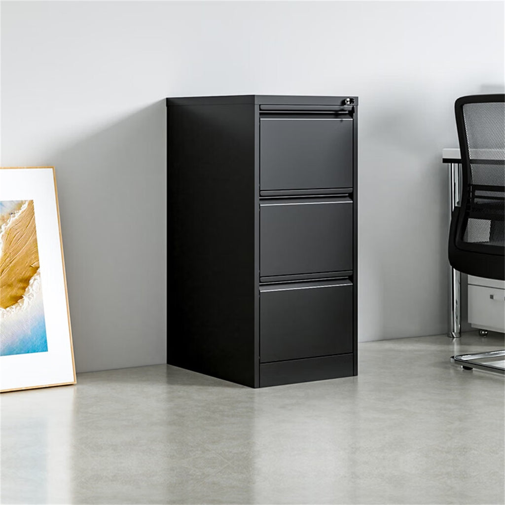 Black steel Elite 4-drawer vertical file cabinet with lock by Anthony & Home, featuring sturdy construction and secure storage.