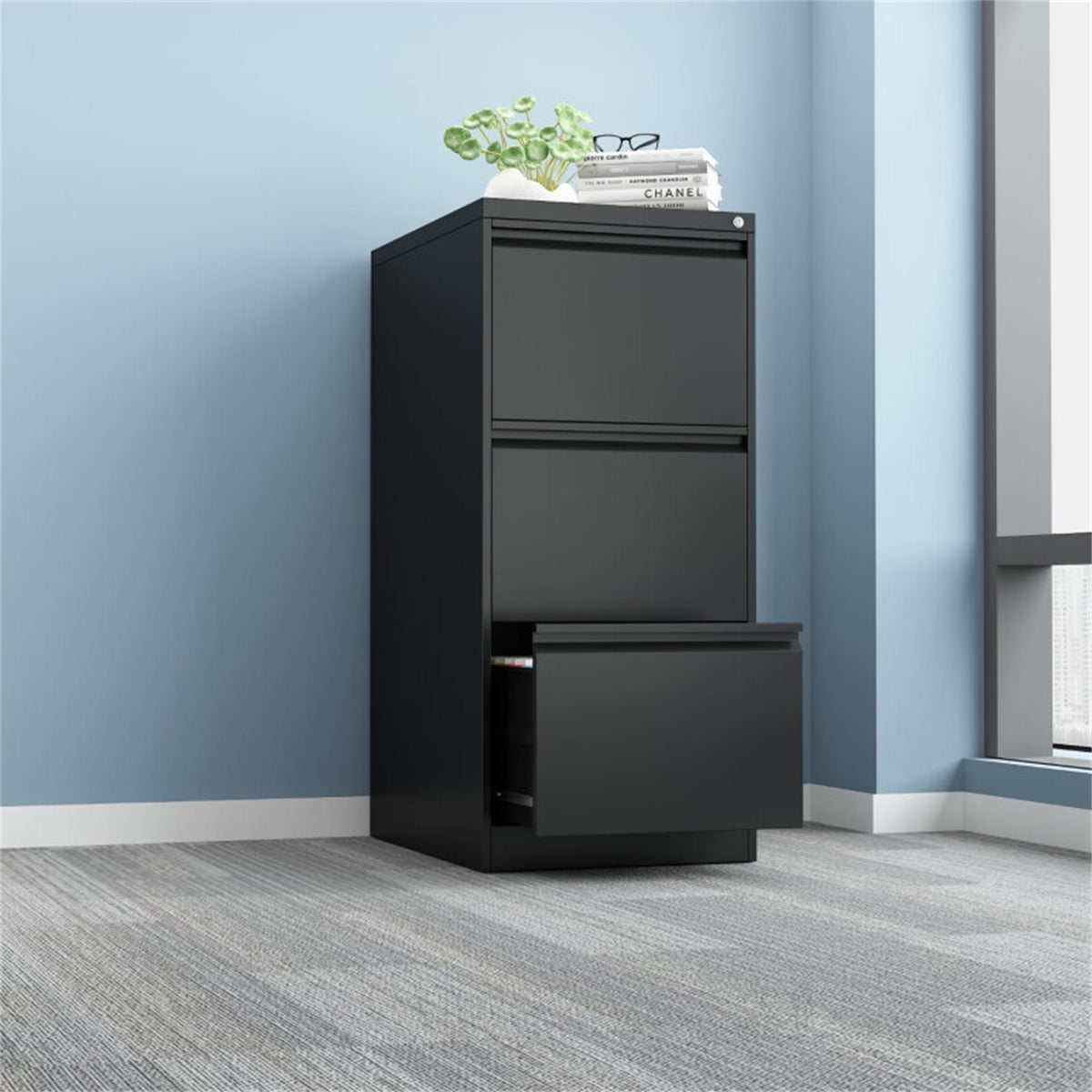 Black steel Anthony & Home Elite 4-drawer vertical file cabinet with lock, featuring sturdy metal construction and secure storage.