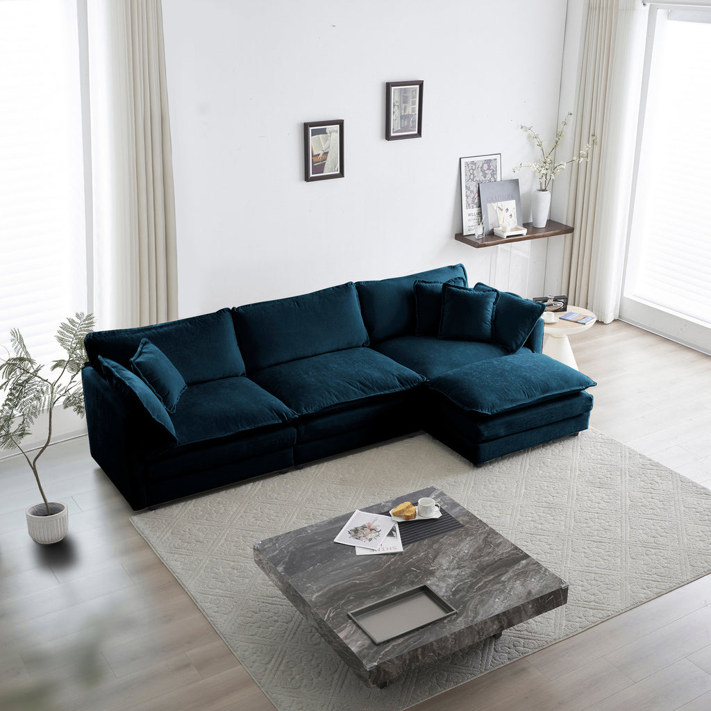 Blue Chenille modular L-shaped sofa with reversible ottoman by Anthony & Home, featuring plush upholstery and contemporary design.