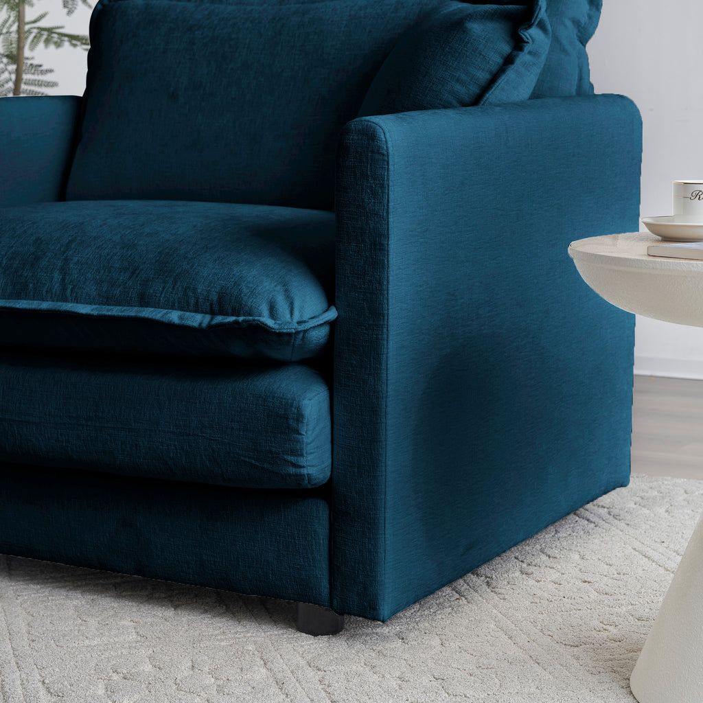 Blue chenille L-shaped sofa with reversible ottoman by Anthony & Home, showing plush upholstery and modular design.