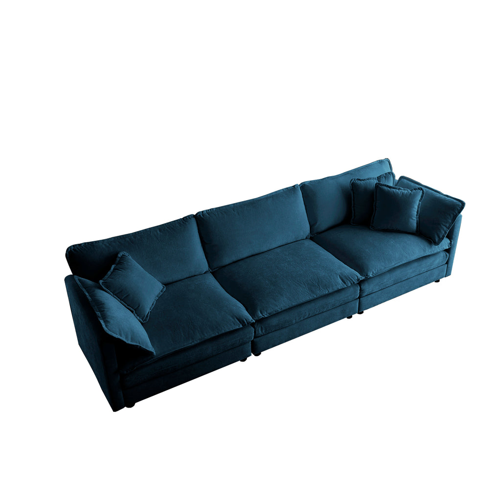 Blue chenille modular L-shaped sofa with reversible ottoman by Anthony & Home, showing plush cushions and modern design.