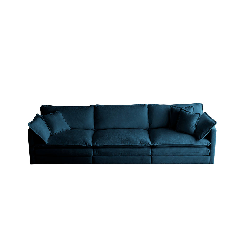 Blue chenille modular L-shaped sofa with reversible ottoman by Anthony & Home, showing plush upholstery and spacious seating.