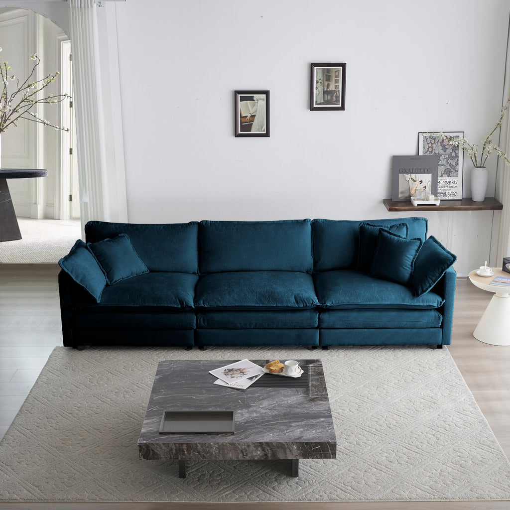 Blue Anthony & Home chenille modular L-shaped sofa with reversible ottoman, showcasing plush upholstery and versatile design.