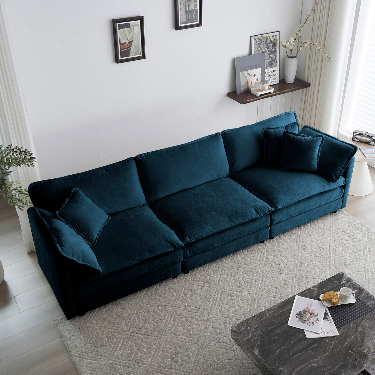 Blue Chenille L-shaped sofa with reversible ottoman by Anthony & Home, showing the plush fabric and modular design.