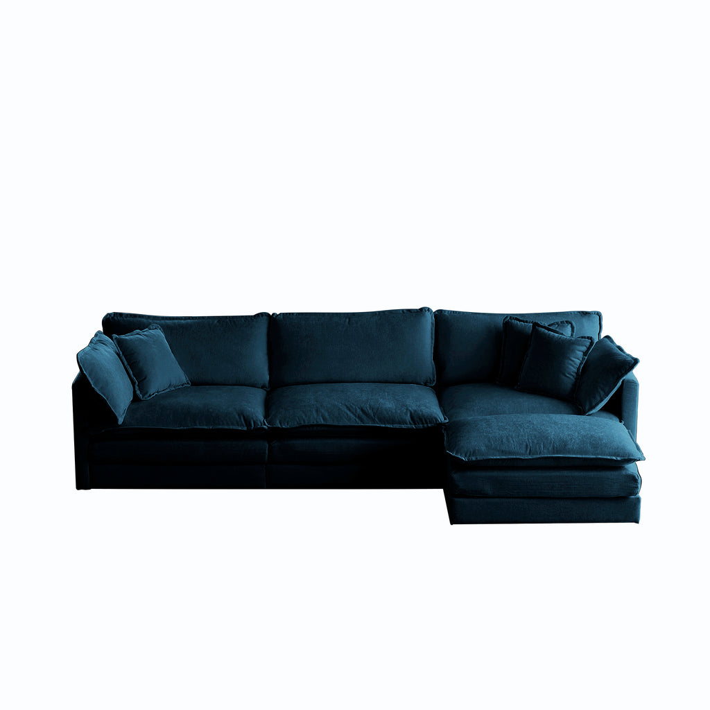 Blue chenille modular L-shaped sofa with reversible ottoman by Anthony & Home, showing plush fabric and modern design.