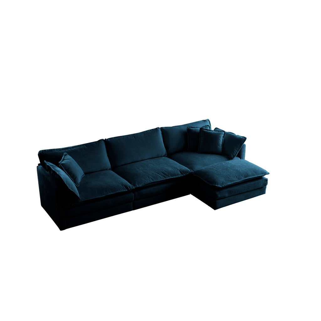 Blue chenille L-shaped modular sofa with reversible ottoman from Anthony & Home, featuring plush fabric and contemporary design.