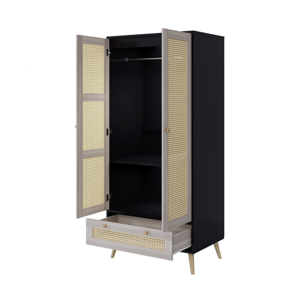 Boho armoire wardrobe with rattan door detail in natural black finish by Anthony & Home, showcasing a stylish storage solution.