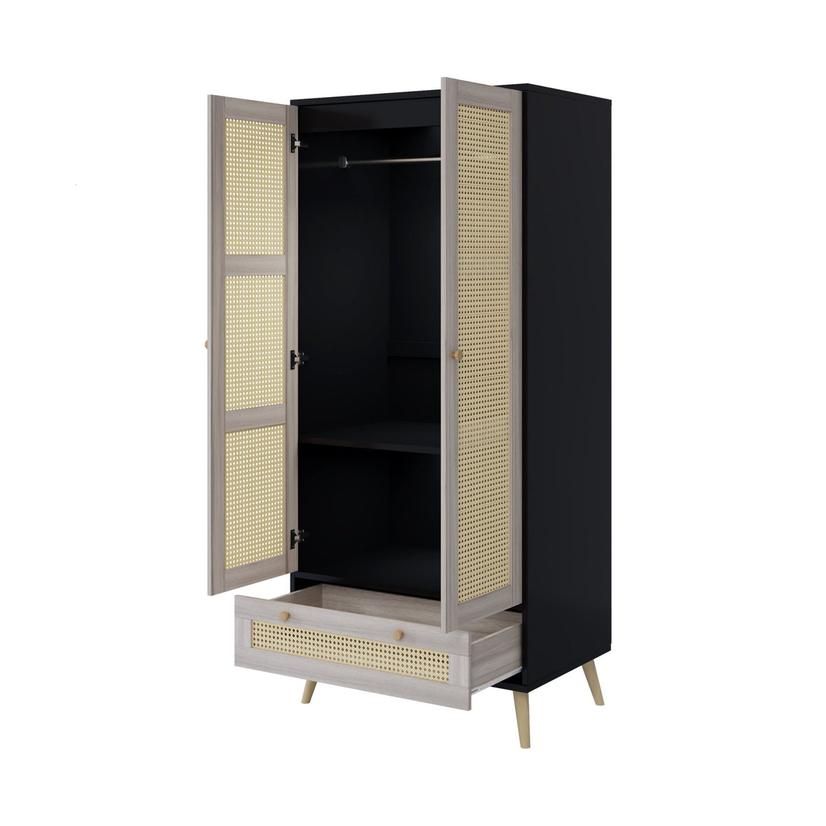 Boho armoire wardrobe with rattan door detail in natural black finish by Anthony & Home, showcasing a stylish storage solution.