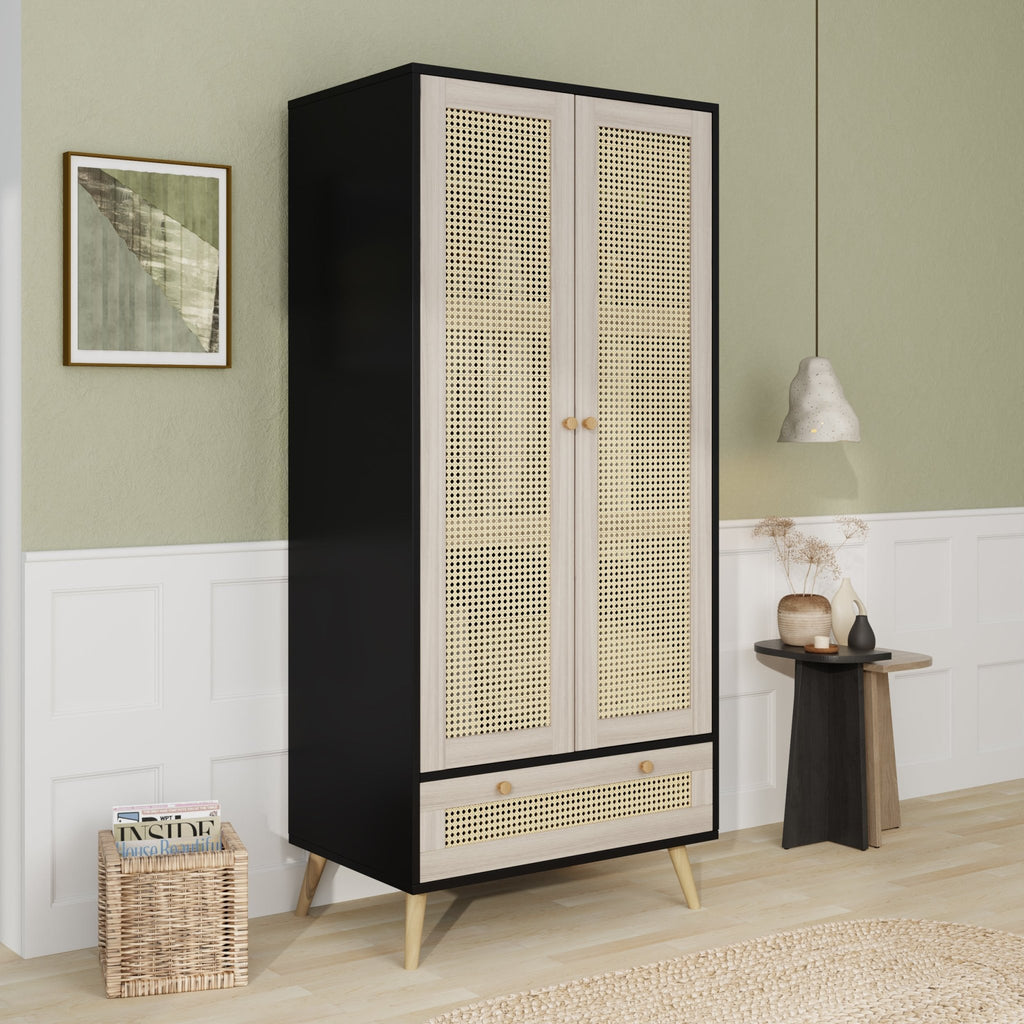 Boho armoire wardrobe with rattan door detail in natural black finish, Anthony & Home limited edition bedroom storage furniture
