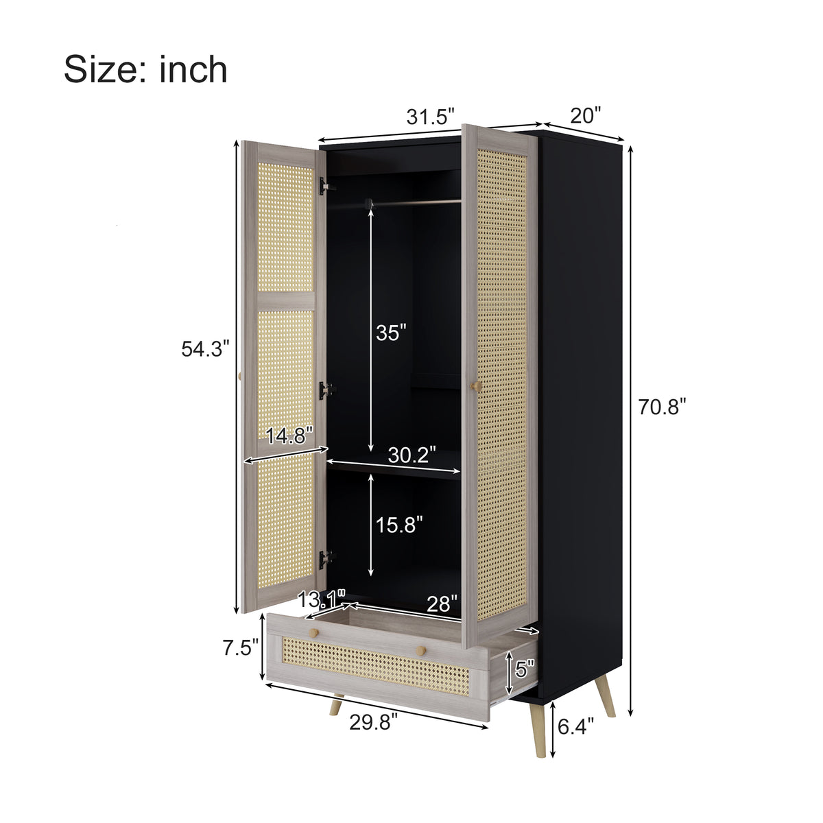Anthony & Home boho armoire wardrobe with rattan door detail in natural black finish, showcasing a stylish storage solution